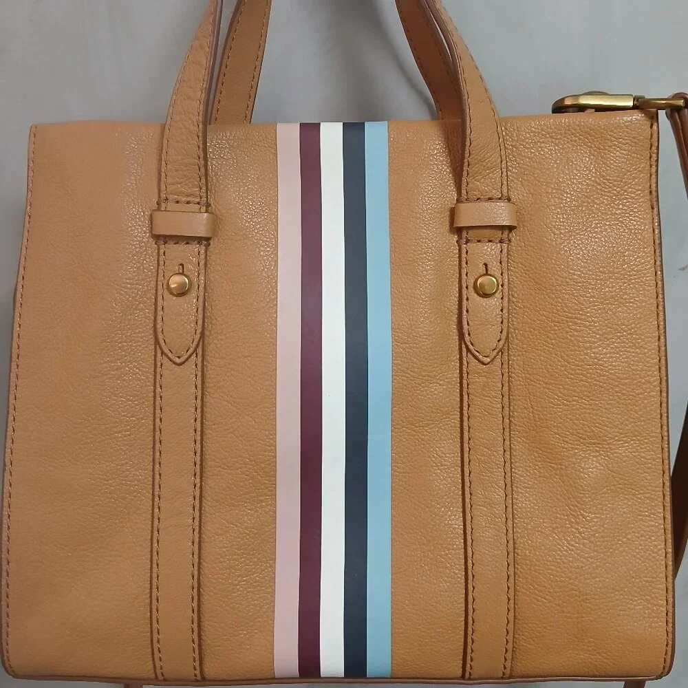 Fossil Tan Satchel with Striped Accent